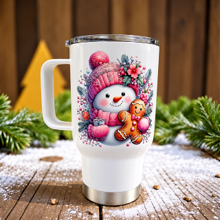 Cestovní termohrnek „Sněhuláček s perníčkem“ – 450 ml